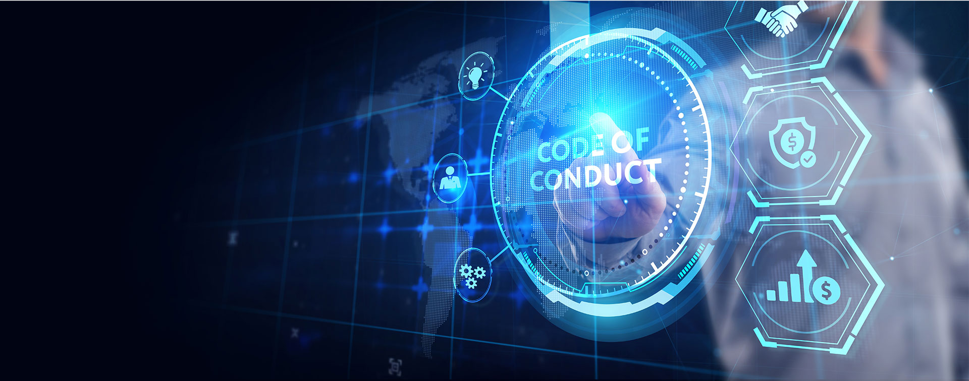 Mann drückt einen virtuellen Touchscreen mit der Aufschrift "Code of Conduct".