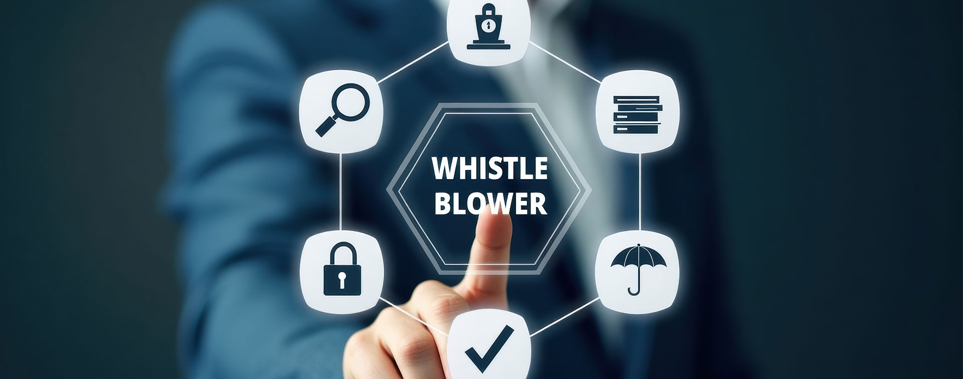Man som trycker på en virtuell pekskärm med texten ”WHISTLEBLOWER”.